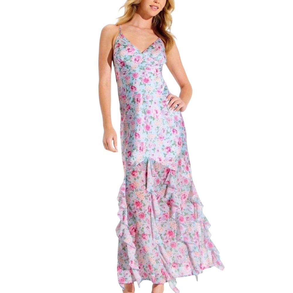 New Wild Fable Satin Floral Ruffle Hem Maxi‎ Dress XS